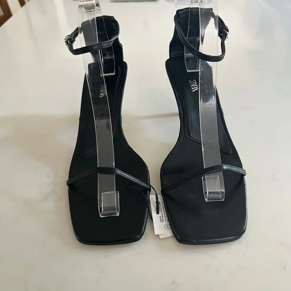 Zara Black Leather Ankle Strap Heeled Sandals Square Toe NWT Size 39 EU - Picture 2 of 13
